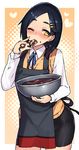  apron bangs bike_shorts black_apron black_hair black_legwear black_shorts blue_neckwear blue_ribbon blush bowl chocolate collared_shirt commentary_request cowboy_shot finger_licking finger_to_mouth food food_on_face hair_ornament hairclip heart holding holding_bowl kantai_collection kuroshio_(kantai_collection) licking long_sleeves looking_at_viewer mixing_bowl neck_ribbon one_eye_closed open_mouth orange_eyes parted_bangs ribbon shirt shorts solo sweater_vest taketora_suzume thick_eyebrows white_shirt 