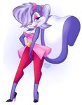  aged_up anthro blush bow breasts camel_toe cleavage clothed clothing eyeshadow female fifi_la_fume footwear fur hair high_heels lipstick makeup mammal minxydoodle purple_fur purple_hair shoes skunk tight_pants tiny_toon_adventures warner_brothers 