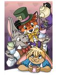  2018 alice_(alice_in_wonderland) alice_in_wonderland beverage black_fur blonde_hair blue_eyes bow_tie brown_eyes brown_fur canine clothed clothing cup dormouse dormouse_(alice_in_wonderland) female fox fur green_eyes grey_fur grey_hair group hair hare hat horn jackalope lagomorph mad_hatter male mammal march_hare michele_light open_mouth red_fur red_hair rodent tea tea_cup teapot top_hat white_fur 
