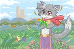  2007 belt clothed clothing enlil feline flower flower_picking kemono looking_at_viewer mammal pants plant red_eyes scarf scenery young 