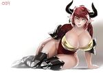  1girl animal_ears armored_boots bra breasts collarbone cow_ears cow_horns doraf earrings eyebrows full_body granblue_fantasy horns huge_breasts jewelry leopard_print leotard looking_at_viewer lying on_side open_mouth pointy_ears red_hair shadow short_hair short_sleeves simple_background skrats solo sturm_(granblue_fantasy) thick_thighs thighhighs thighs yellow_eyes yokozuwari 