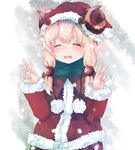  blonde_hair blush button_eyes capelet christmas green_scarf hair_ornament hat highres horns low_twintails messy_hair momiji_manjuu_(usagiblackmore) original santa_hat scarf sheep_girl sheep_horns short_hair snow solo thick_eyebrows twintails white_background winter winter_clothes 