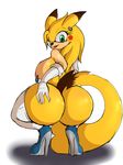  2018 anthro breasts butt clothing crossgender ear_piercing fan_character female fusion green_eyes hi_res looking_at_viewer nintendo nipples piercing pikachu pok&eacute;mon pok&eacute;mon_(species) simple_background solo sonic_(series) sonic_the_hedgehog sonichu suirano video_games white_background 
