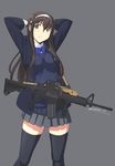  arms_behind_head arms_up assault_rifle bad_id bad_pixiv_id bangs black_legwear blazer blue_bow blue_neckwear bow bowtie breasts brown_eyes closed_mouth eotech eyebrows_visible_through_hair flash_suppressor foregrip grey_background grey_skirt gun hairband highres jacket laser_sight long_hair long_sleeves looking_at_viewer m4_carbine medium_breasts miniskirt oda_masaki_(b-minor) open_clothes open_jacket original pleated_skirt rifle school_uniform sight simple_background skirt sling solo stanag_magazine standing straight_hair thighhighs twitter_username weapon white_hairband zettai_ryouiki 