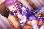  1girl black_hair bow breasts censored closed_eyes cum cum_in_pussy female_orgasm flower_knight_girl game_cg girl_on_top hair_bow hair_ribbon hand_on_another's_head hetero lavender_(flower_knight_girl) long_hair mosaic_censoring nakaishow nipples official_art open_clothes open_mouth open_shirt orgasm pink_bow pink_ribbon purple_hair ribbon sex shirt small_breasts straddling vaginal 