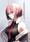  bare_shoulders black-framed_eyewear black_shirt breasts collarbone collared_shirt commentary_request fate/grand_order fate_(series) fingernails glasses grey_jacket hair_over_one_eye holding jacket koruta_(nekoimo) long_sleeves looking_at_viewer looking_to_the_side mash_kyrielight medium_breasts necktie off_shoulder parted_lips pink_hair purple_eyes red_neckwear shirt short_hair sleeveless sleeveless_shirt smile solo 