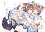  :d alternate_costume animal animal_ears black_legwear brown_eyes brown_hair cat cat_ears cat_tail cup folded_ponytail frills ikazuchi_(kantai_collection) inazuma_(kantai_collection) ivy1993 kantai_collection lolita_fashion long_sleeves multiple_girls open_mouth pantyhose short_hair smile tail teacup 