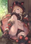  against_wall alternate_costume animal_ears animal_hood black_panties blonde_hair blurry blush bow bow_panties breasts brown_eyes capelet cat_ears cat_tail commentary cosplay day depth_of_field djeeta_(granblue_fantasy) fake_animal_ears fur_trim gloves granblue_fantasy grass head_tilt highres hood hood_up kemonomimi_mode knights_of_glory kuronekodoushi kuronekodoushi_(cosplay) looking_at_viewer medium_breasts milli_little navel no_pants on_floor open_mouth panties parted_lips paw_gloves paw_shoes paws shoes short_hair sitting solo spread_legs sunlight tail underboob underwear wooden_floor wooden_wall 
