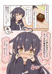  3koma ahoge black_hair black_serafuku blush brown_eyes chocolate closed_eyes comic commentary_request confession expressions hands_on_own_face heart_ahoge kantai_collection long_hair mikazuki_(kantai_collection) necktie ootori_(kyoya-ohtori) open_mouth school_uniform serafuku smile translated twitter_username upper_body white_neckwear 