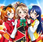  :d ;) bangs blue_eyes blue_hair bow butterfly_hair_ornament commentary_request earrings eyebrows_visible_through_hair girl_sandwich grey_hair hair_between_eyes hair_bow hair_ornament hand_on_another's_shoulder jewelry kousaka_honoka long_hair looking_at_viewer love_live! love_live!_school_idol_project love_live!_the_school_idol_movie minami_kotori multiple_girls neck_ribbon one_eye_closed one_side_up open_mouth orange_hair ribbon sandwiched smile sonoda_umi sunny_day_song upper_body wewe 