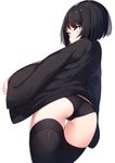  ass bangs black_hair black_jacket black_legwear black_panties blue_eyes blush commentary_request covered_mouth highres jacket looking_at_viewer looking_back naki_(tsunekichi) open_clothes open_jacket original panties short_hair simple_background solo thighhighs tsunekichi underwear white_background 
