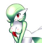  1girl artist_request blush breasts cleavage female gardevoir green_hair hair_over_one_eye highres large_breasts leaning_forward no_humans open_mouth partially_visible_vulva pokemon pokemon_(creature) pokemon_rse red_eyes short_hair simple_background solo standing sweat v_arms white_background 