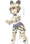  african_wild_dog_(kemono_friends) african_wild_dog_print animal_ears boots bow bowtie breast_pocket commentary_request denim denim_shorts dog_ears dog_tail dress_shirt from_below highres kemono_friends legwear_under_shorts long_sleeves multicolored multicolored_clothes multicolored_hair multicolored_legwear open_mouth pantyhose pocket shirt short_hair shorts simple_background solo tail thin_(suzuneya) translation_request white_background 