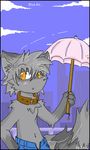  2008 blush canine city cityscape clothed clothing collar digital_media_(artwork) enlil jeans kemono mammal oekaki pants parasol yellow_eyes 