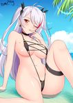  antenna_hair areola_slip areolae arm_support azur_lane bad_id bad_pixiv_id bangs black_choker black_ribbon black_swimsuit blue_sky breasts choker cloud come_hither commentary_request covered_nipples dated day earrings eyebrows_visible_through_hair finger_in_mouth finger_to_mouth flag_print german_flag groin hair_ribbon iron_cross jewelry knee_up large_breasts long_hair looking_at_viewer mole mole_on_breast multicolored_hair naughty_face one_eye_closed outdoors palm_tree ppshex prinz_eugen_(azur_lane) red_eyes revision ribbon silver_hair sitting sky slingshot_swimsuit solo strap_gap streaked_hair swept_bangs swimsuit thighs tree two_side_up underboob water 