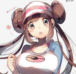  :o ? blue_eyes blush breasts brown_hair commentary double_bun hair_bun large_breasts long_hair looking_at_viewer low_twintails mei_(pokemon) open_mouth pokemon pokemon_(game) pokemon_bw2 ririmon solo thought_bubble twintails twitter_username upper_body visor_cap 