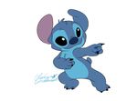 2018 3_toes 4_fingers alien black_claws black_eyes blue_fur blue_nose chest_tuft claws croxovergoddess digital_drawing_(artwork) digital_media_(artwork) disney experiment_(species) fur head_tuft lilo_and_stitch pointing signature simple_background small_tail smile solo stitch toe_claws toes tuft white_background 