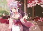  :d absurdres anmitsu_(dessert) apron blurry blush bowl cherry cherry_blossoms dango day depth_of_field fang floating_hair floral_print flower food frilled_apron frills fruit grey_hakama hair_between_eyes hair_bun hair_flower hair_ornament hair_stick hakama hakama_skirt highres holding holding_tray hoshi_(snacherubi) japanese_clothes kimono long_hair long_sleeves looking_at_viewer maid_headdress mitarashi_dango obi open_mouth original outdoors outstretched_hand petals pink_kimono red_eyes sash silver_hair smile solo spoon standing tray very_long_hair wa_maid wagashi white_apron wide_sleeves 