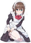  apron bangs banned_artist black_dress blue_eyes blush braid brown_hair closed_mouth commentary_request crown_braid dress eyebrows_visible_through_hair flying_sweatdrops frilled_apron frills frown full_body garter_straps highres juliet_sleeves kneeling light_frown long_sleeves looking_at_viewer maid maid_apron maid_headdress mary_janes minagiku original puffy_sleeves shoes sidelocks simple_background solo thighhighs white_background white_legwear 