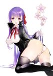  ass bb_(fate)_(all) bb_(fate/extra_ccc) black_legwear bow breasts fang fate/extra fate/extra_ccc fate/grand_order fate_(series) gloves hair_bow highres kirie_nozomi large_breasts leotard long_hair looking_to_the_side purple_eyes purple_hair red_bow ribbon simple_background solo thighhighs thighs underwear very_long_hair white_background white_gloves white_leotard 