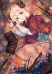  autumn autumn_leaves belt blonde_hair blurry book boots capelet depth_of_field dress hair_ornament highres horns leaf leather leather_boots long_skirt long_sleeves low_twintails maple_leaf messy_hair momiji_manjuu_(usagiblackmore) original sheep_girl sheep_horns short_hair skirt solo thick_eyebrows twintails 