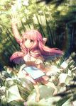  :o artist_name bangs barefoot blush bow brown_eyes brown_hair dress eyebrows_visible_through_hair forest frills full_body hair_bow half_updo lens_flare long_hair long_sleeves looking_up nature outstretched_arm parted_lips pink_hair rin_(shelter) rock rosuuri shelter_(music_video) solo standing stone tablet_pc watermark web_address 
