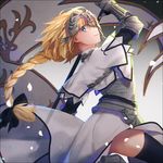  armor armored_dress bangs black_bow black_legwear blonde_hair blue_eyes bow braid closed_mouth dress eyebrows_visible_through_hair fate/apocrypha fate/grand_order fate_(series) gauntlets hair_between_eyes hair_bow hakusai_(tiahszld) headpiece holding jeanne_d'arc_(fate) jeanne_d'arc_(fate)_(all) long_braid long_hair looking_at_viewer looking_to_the_side ponytail see-through single_braid smile solo standing standing_on_one_leg thighhighs very_long_hair white_dress 