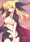  black_panties blonde_hair breasts cape fate_testarossa imageboard_sample large_breasts long_hair lyrical_nanoha magical_girl mahou_shoujo_lyrical_nanoha mikazuki_akira! nipples panties ponytail red_eyes ribbon twintails underwear 