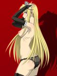  ass black_gloves black_legwear black_panties blonde_hair breasts bridal_gauntlets elbow_gloves gloves highres hime_(kaibutsu_oujo) ichimedoo kaibutsu_oujo long_hair medium_breasts nipples panties red_eyes ribs skinny solo thighhighs tiara topless underwear underwear_only 