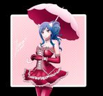  1girl blue_hair breasts cat_ears choker cleavage elbow_gloves fairy_tail juvia_lockser long_hair pink_dress pink_gloves solo thighhighs umbrella 