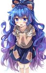  blue_eyes blue_hair blue_skirt blush bow commentary crying crying_with_eyes_open debt e.o. hair_bow hands_on_own_chest highres hood hoodie long_hair looking_at_viewer open_mouth simple_background skirt solo tears touhou very_long_hair white_background yorigami_shion 
