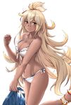  ankle_ribbon ayase_tamaki bare_arms bare_shoulders bikini blonde_hair blue_skirt blush breasts closed_mouth collarbone dark_skin flower from_side front-tie_bikini front-tie_top granblue_fantasy groin hair_between_eyes hair_flower hair_ornament hand_up highres holding_skirt leg_up long_hair looking_at_viewer looking_to_the_side medium_breasts navel ribbon shiny shiny_hair side-tie_bikini skirt skirt_removed smile solo standing standing_on_one_leg swimsuit thighs topknot very_long_hair white_bikini white_ribbon zooey_(granblue_fantasy) 