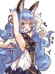  1girl arms_behind_head bangs bare_arms bare_shoulders blue_dress blue_hair blush breasts brown_eyes dress erune eyebrows_visible_through_hair fang ferry_(granblue_fantasy) granblue_fantasy groping_motion hair_between_eyes long_hair medium_breasts open_mouth sideboob simple_background sleeveless sleeveless_dress solo_focus very_long_hair white_background yuuji_(yukimimi) 