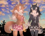  animal_ears blue_eyes commentary_request fangs fur_collar gloves grey_wolf_(kemono_friends) heterochromia holding_hands japanese_wolf_(kemono_friends) kemono_friends long_hair multicolored_hair multiple_girls neckerchief necktie open_mouth pleated_skirt pointing shooting_star skirt tail tatsuno_newo thighhighs twilight wolf_ears wolf_girl wolf_tail yellow_eyes zettai_ryouiki 