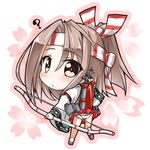  ? aircraft airplane arrow bow_(weapon) brown_eyes chibi commentary_request hachimaki headband holding japanese_clothes kantai_collection koda long_hair looking_at_viewer looking_back machinery panties pleated_skirt ponytail silver_hair skirt solo underwear weapon white_panties zuihou_(kantai_collection) 