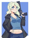  blonde_hair blue_background blue_eyes breasts cailin_(poptrt) cleavage commentary diana_cavendish finger_on_trigger gun handgun holding holding_gun holding_weapon jacket little_witch_academia medium_breasts navel pistol solo tank_top weapon 