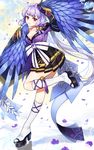  breasts cleavage feathered_wings feathers gijang itsumade_(onmyoji) looking_at_viewer medium_breasts monster_girl onmyoji purple_hair solo winged_arms wings 