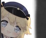  :d bangs black_ribbon blonde_hair blue_eyes blue_hat blush chibi collared_shirt eyebrows_visible_through_hair foreign_blue girls_frontline hair_between_eyes hair_ribbon hat long_hair looking_at_viewer open_mouth peaked_cap peeking_out ribbon shirt smile solo star super_shorty_(girls_frontline) two_side_up 