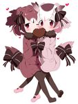  adapted_costume blush bow cheek-to-cheek chocolate coat commentary_request eurasian_eagle_owl_(kemono_friends) eyebrows_visible_through_hair food_in_mouth fur_collar gloves hands_together head_wings heart heart-shaped_pupils highres interlocked_fingers kemono_friends leg_between_thighs long_sleeves looking_at_viewer makuran mouth_hold multicolored_hair multiple_girls northern_white-faced_owl_(kemono_friends) one_eye_closed pantyhose short_hair simple_background symbol-shaped_pupils tail_feathers white_background 