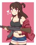  ak-47 assault_rifle breasts brown_hair cailin_(poptrt) cleavage denim denim_shorts gun jacket kagari_atsuko little_witch_academia medium_breasts navel pink_background red_eyes rifle shorts solo trigger_discipline weapon 