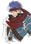  armor belt blue_armor blue_eyes blue_hair cape collar fire_emblem fire_emblem:_akatsuki_no_megami fire_emblem:_souen_no_kiseki fire_emblem_heroes headband ike kmkr looking_at_viewer looking_away male_focus marth ragnell red_cape short_hair simple_background smile solo sword weapon 