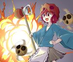  androgynous apron danmaku explosion gameplay_mechanics gradient_ray hakama haniwa_(statue) helmet japanese_clothes katano_sukune katano_sukune's_bottle_opener len'en open_mouth reactivate_majestical_imperial red_eyes red_hair short_hair skirt smile 