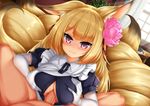  1girl alternate_costume animal_ears blonde_hair blush breast_squeeze breasts button_gap commentary_request elbow_gloves enmaided eyebrows_visible_through_hair eyes_visible_through_hair flower fox_ears fox_tail gloves hair_flower hair_ornament hetero indoors kayou_(sennen_sensou_aigis) large_breasts long_hair looking_at_viewer maid minaha_(playjoe2005) multiple_tails paizuri paizuri_under_clothes penis pink_eyes puffy_short_sleeves puffy_sleeves sennen_sensou_aigis short_sleeves smile solo_focus tail white_gloves window 