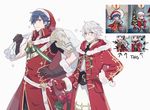  2boys arrow blue_eyes blue_hair blush candy candy_cane cape christmas fire_emblem fire_emblem:_kakusei fire_emblem_heroes food gloves hand_on_hip hood krom male_focus male_my_unit_(fire_emblem:_kakusei) multiple_boys my_unit_(fire_emblem:_kakusei) noii robe santa_costume simple_background smile sparkle white_background 