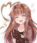  ^_^ ^o^ ahoge alternate_costume brown_hair chocolate closed_eyes collarbone fang heart highres holding huge_ahoge kantai_collection ko_yu kuma_(kantai_collection) long_hair long_sleeves open_mouth simple_background smile solo twitter_username white_background 