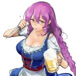  1girl aimitsu_(ibityuttyu) akuma_no_riddle apron beer_mug braid breasts cleavage collarbone corset cup eyebrows_visible_through_hair hair_between_eyes holding holding_cup holding_knife inukai_isuke knife large_breasts long_hair looking_at_viewer meer_campbell purple_hair short_sleeves simple_background solo standing very_long_hair waist_apron white_apron white_background yellow_eyes 
