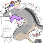  abdominal_bulge anal anthro balls birthday bottomless canine chokehold clothed clothing cum cum_while_penetrated dialogue duo fox grey_fox lagomorph male male/male mammal nate_(mindnomad) noonie-beyl notactuallyhere ottoman paws penetration size_difference 