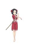  barefoot black_eyes black_hair flower full_body hair_flower hair_ornament highres looking_at_viewer makaria official_art princess_principal princess_principal_game_of_mission short_hair smile solo standing stick stretch toudou_chise transparent_background 