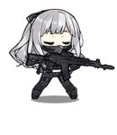  &gt;_&lt; ak-12_(girls_frontline) animated animated_gif assault_rifle bangs black_gloves blunt_bangs blush_stickers chibi closed_eyes closed_mouth covered_mouth face_mask frown full_body girls_frontline gloves gun holding holding_gun holding_weapon long_hair lowres mask ninja_mask official_art pantyhose removing_mask respirator rifle saru silver_hair simple_background standing wavy_mouth weapon white_background wince 