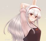  anna_(sennen_sensou_aigis) apron arm_behind_head arm_up hairband long_hair looking_at_viewer red_eyes sennen_sensou_aigis simple_background solo ten_(tentojidon) twitter_username upper_body very_long_hair white_hair 